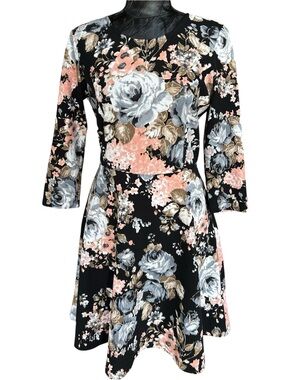 Skies Are Blue Floral Fit Flare Dress Small Black Pink 3/4 Sleeve